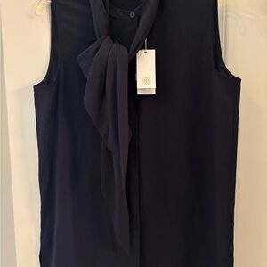 Tory Burch Navy Sleeveless Blouse with Front Tie/Bow, Brand New, Size 8